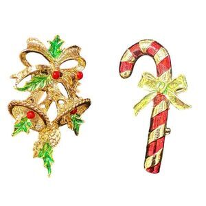 Vintage Holiday Pins by Gerrys Set of 2 Candy Cane Brooch & Bells & Holly Brooch